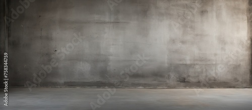 An empty room with concrete walls and floors, in shades of grey. The darkness contrasts against the brown wood accents and a cloudy horizon outside