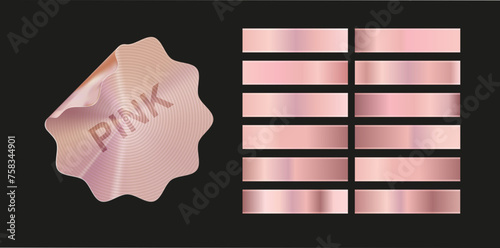 Gold rose, silver, holographic, bronze and golden foil texture gradation set. Vector shiny hologram and metallic gradient collection
