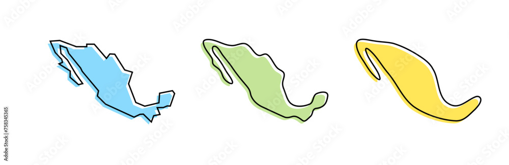 Obraz premium Mexico country black outline and colored country silhouettes in three different levels of smoothness. Simplified maps. Vector icons isolated on white background.