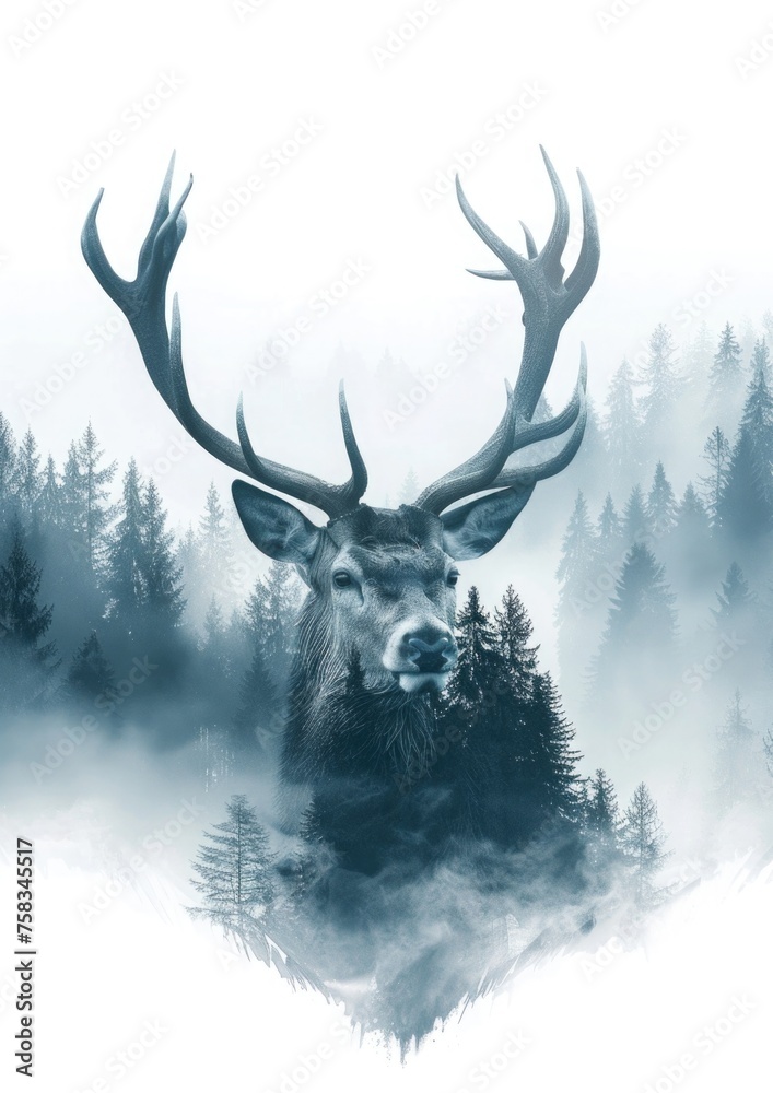 Naklejka premium A deer silhouette with a double exposure of a dense, misty forest landscape within on a white background
