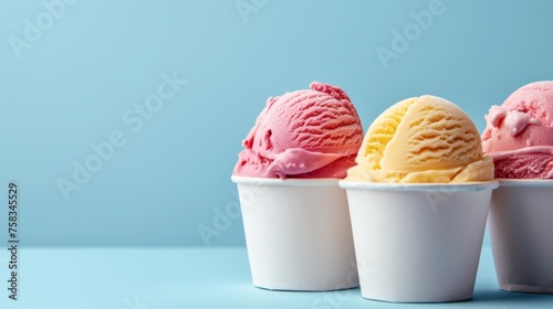 Assorted ice cream cups on blue background. Fresh and tasty ice cream cups, gelato. Room for copy space.