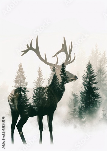 A deer silhouette with a double exposure of a dense  misty forest landscape within on a white background