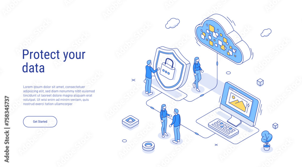 Security cloud storage. Internet security isometric concept. Isometric concept protection network and data. Data security, protection, management, server, access. 3d isometric vector illustration. - obrazy, fototapety, plakaty 