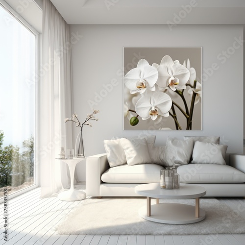 Interior design with white room and orchid flower displayed in a beauty room setting.