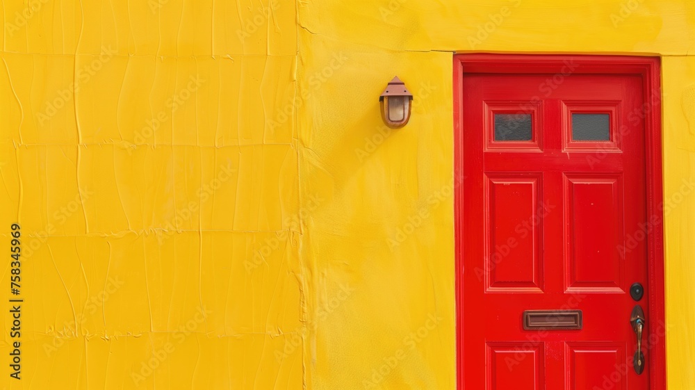 Bright red door on a yellow textured wall with minimalist composition Bright red door on a yellow textured wall with minimalist composition