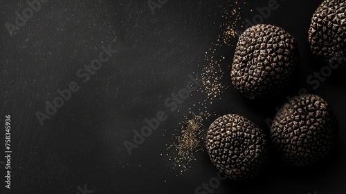 Luxurious black truffles adorned with shimmering gold dust on a dark surface