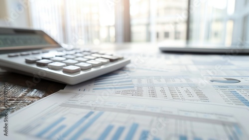 Calculator and financial documents on a desk, conveying business and analytics photo