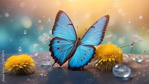 A blue butterfly on a dandelion.