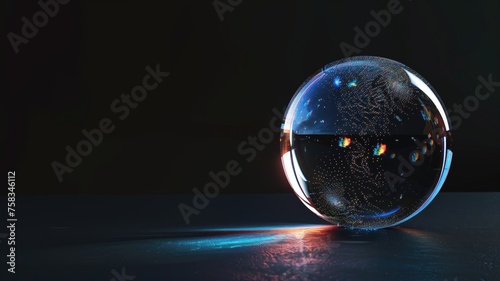 A captivating crystal globe lit from within, casting a colorful glow and reflections on a dark surface