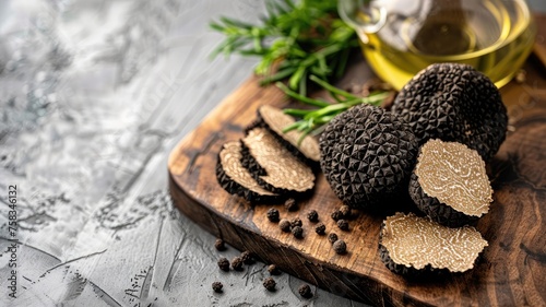 Sliced black truffles on a rustic wooden board photo