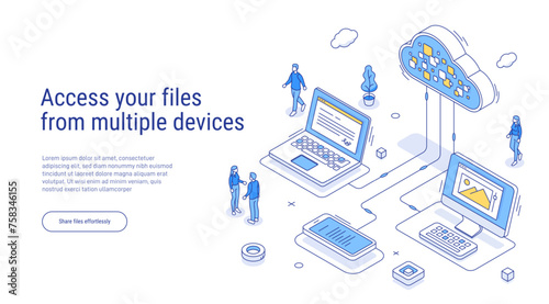 Cloud storage isometric. Computer service technology. Network infrastructure. Data server platform. Online devices upload, download information. Access your files from multiple devices