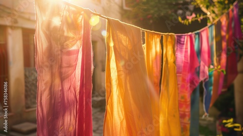Sunlit colorful laundry hanging outside photo