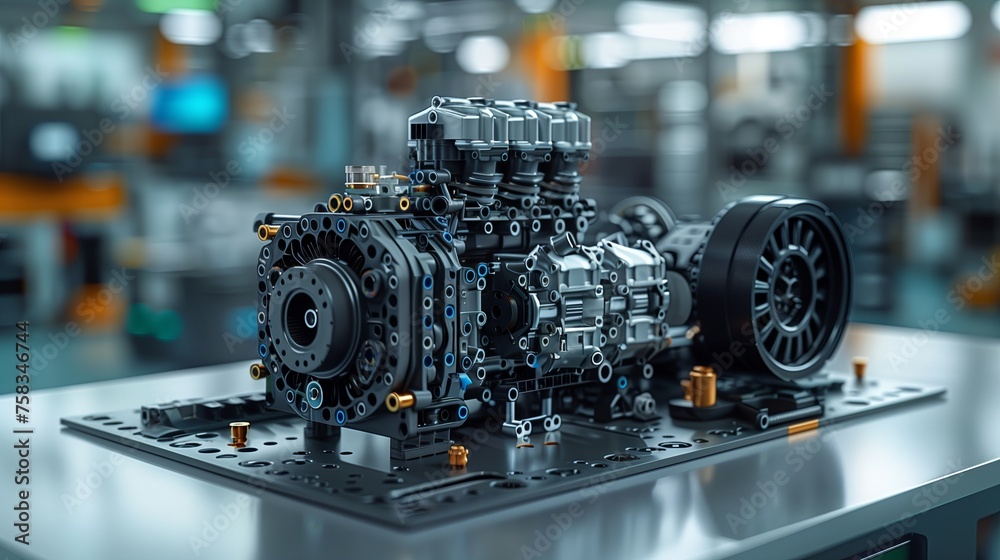 Car engine model on factory table. Automotive design, machine, metal
