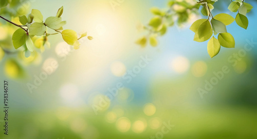 Blurred spring summer nature background with green meadow, blue sky and sunlight © triocean