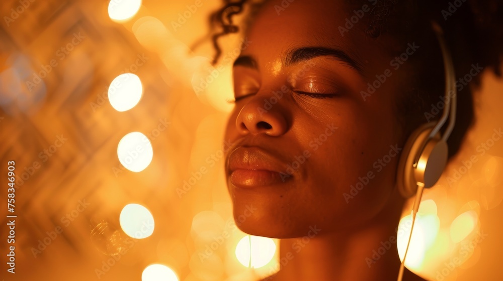Warm bokeh lighting envelopes a figure immersed in music, creating a cozy and inviting atmosphere Warm bokeh lighting envelopes a figure immersed in music, creating a cozy and inviting atmosphere