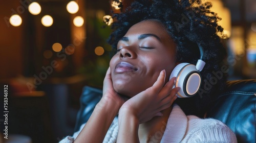 A young, curly-haired woman relaxes in a cozy environment while listening to music, capturing a moment of leisure and comfort photo