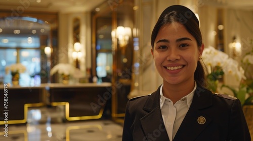 A pleasant hotel worker smiles welcomingly, representing professional hospitality in a luxurious setting