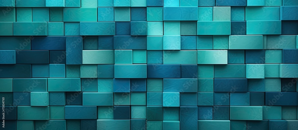 A maze of electric blue rectangles with aqua tint and shades, creating a symmetrical pattern that could be used as a flooring or facade material property A maze of electric blue rectangles with aqua tint and shades, creating a symmetrical pattern that could be used as a flooring or facade material property