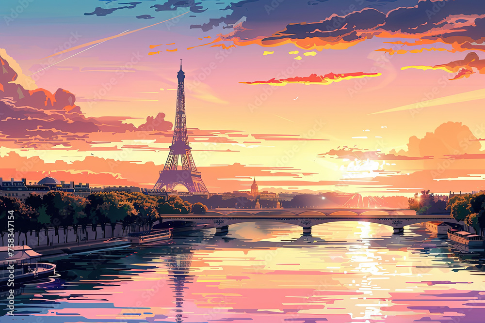 Charming flat design of the iconic Eiffel Tower against a pastel sky, enhanced with simple Parisian elements including the Seine River and cafes, copyspace