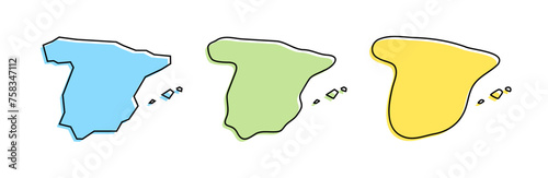Spain country black outline and colored country silhouettes in three different levels of smoothness. Simplified maps. Vector icons isolated on white background.