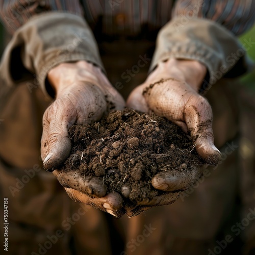 Close-up of dirty hands cradling a delicate green seedling in fertile earth, symbolizing growth and care.