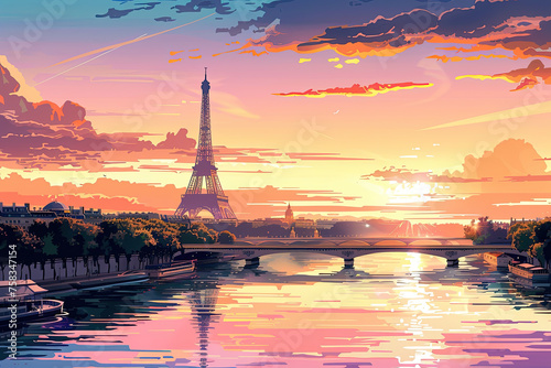 Charming flat design of the iconic Eiffel Tower against a pastel sky  enhanced with simple Parisian elements including the Seine River and cafes  copyspace