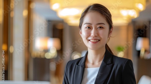 Charming hotel hostess in business suit smiles warmly in a well-lit environment, epitomizing excellent customer relations