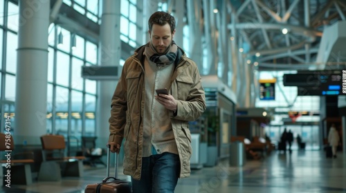 A traveler using his smartphone while walking with his suitcase in an airport terminal