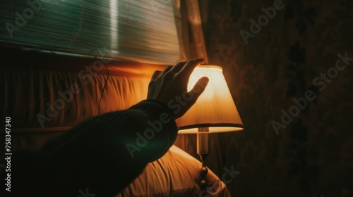 An atmospheric shot of someone reaching for a vintage lamp in a classically decorated room
