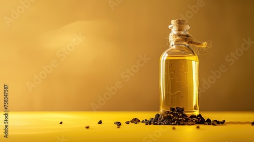 Golden truffle oil with peppercorns on a yellow surface photo