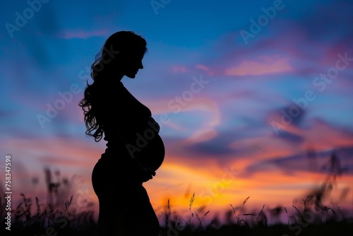 A silhouette of a pregnant woman set against a picturesque twilight sky represents the beauty of motherhood