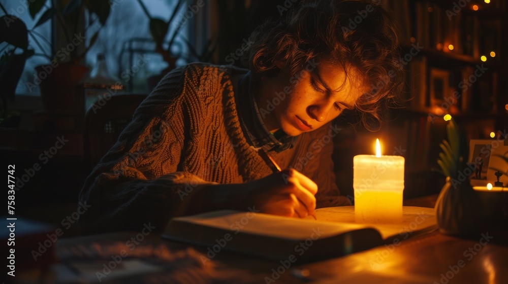 Warm and inviting photo of someone writing in a notebook by the light of a bright candle, exuding a sense of comfort