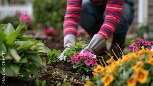 Hands of a gardener planting colorful flowers in the fertile soil of a sunny backyard