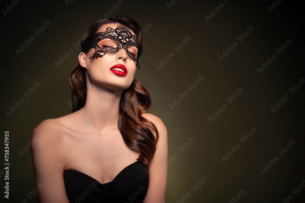 Gorgeous celebrity lady dark bride on halloween party mysterious character wear face mask hide her personality