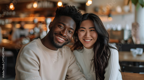 A mixed couple smiling at camera