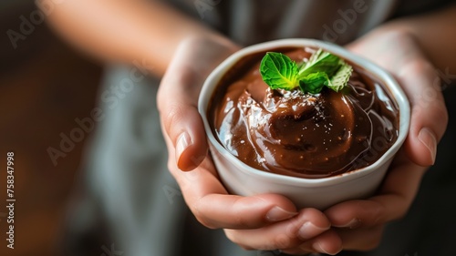 Close-up of hands gently cradling a bowl filled with smooth and shiny chocolate ganache, garnished with mint