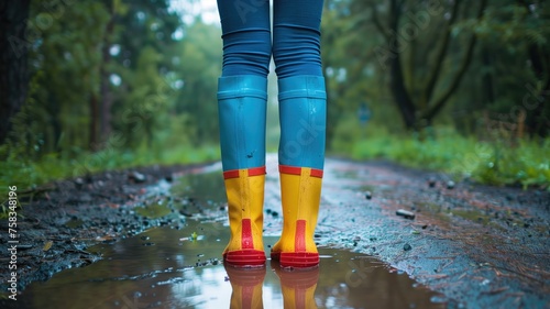 Colorful rain boots mirror their vibrancy in a water puddle, signifying playful days in rainy weather