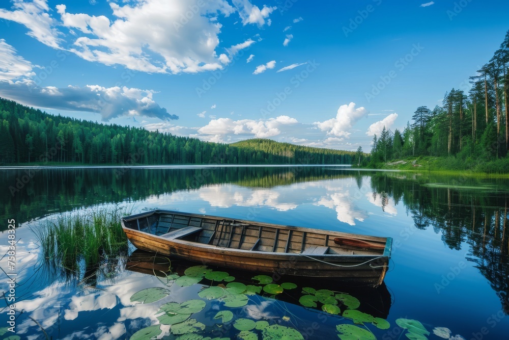 A serene lake reflects the sky with a wooden rowboat tied among lilies, surrounded by a lush forest