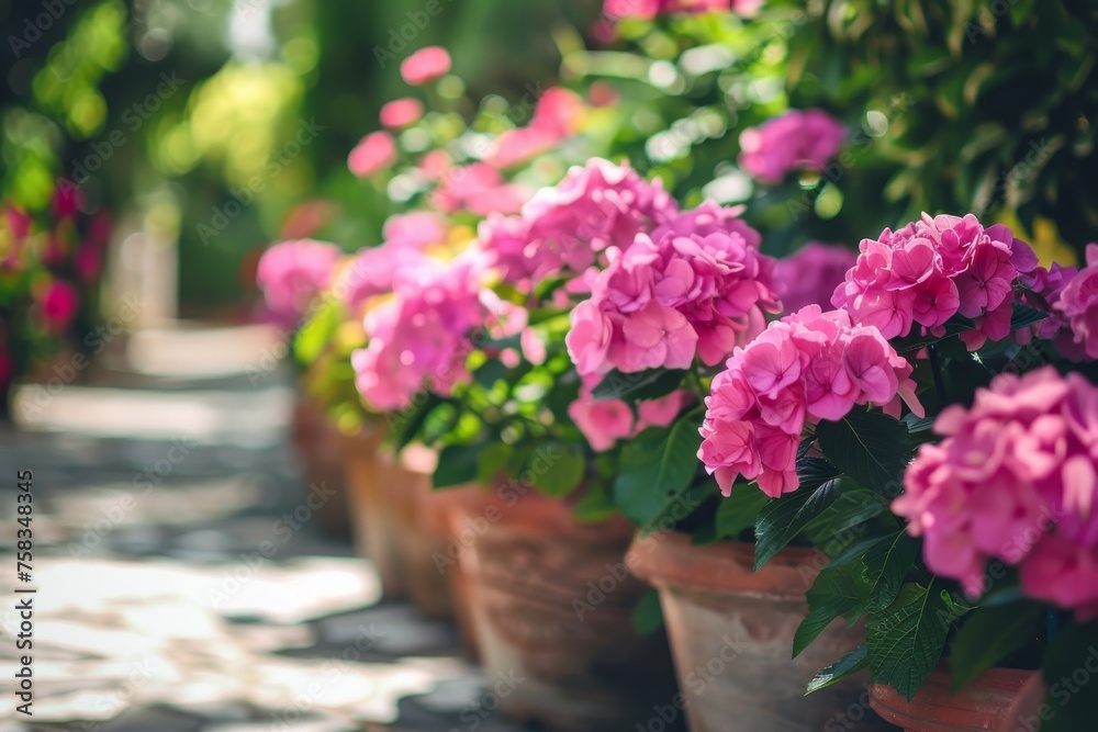 A vivid display of pink hydrangea flowers blooming in terracotta pots, lined up along a sunlit garden path