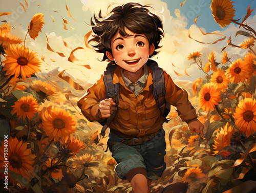 happy kid chasing sunflowers in the field