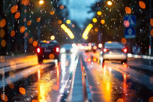 A bustling city street bathed in rain with the shimmering lights of cars and street lamps reflecting on the wet surface