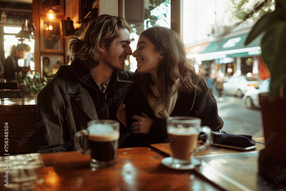 A cute couple in a coffee shop, laughing and flirting, in love having a good time
