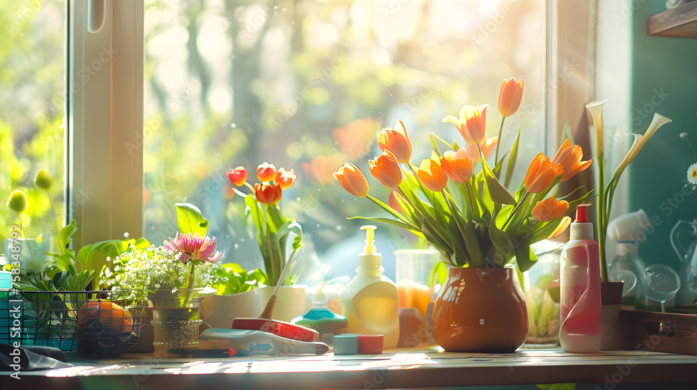 Capture the essence of spring cleaning with a vibrant and clutter-free scene. - obrazy, fototapety, plakaty 
