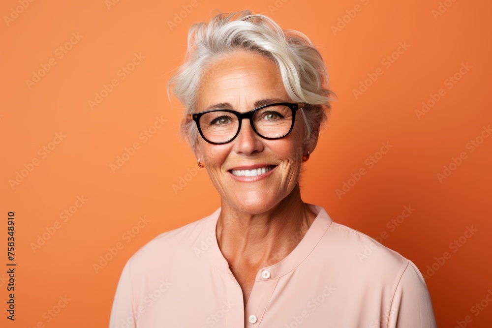 Portrait of smiling senior woman with eyeglasses on orange background Portrait of smiling senior woman with eyeglasses on orange background