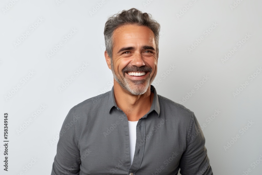 Handsome middle-aged man smiling and looking at camera while standing against grey background Handsome middle-aged man smiling and looking at camera while standing against grey background