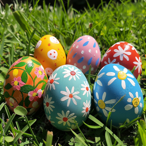 Easter eggs on green grass sunny day