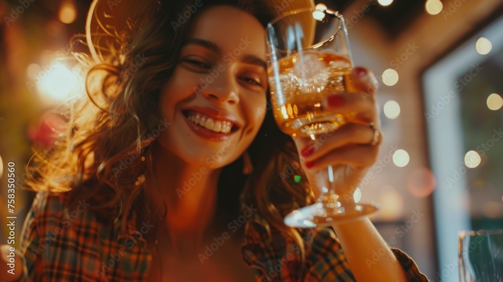beautiful woman celebrating with glass of champagne at a meeting or party, birthday, anniversary, festivity, commemoration beautiful woman celebrating with glass of champagne at a meeting or party, birthday, anniversary, festivity, commemoration