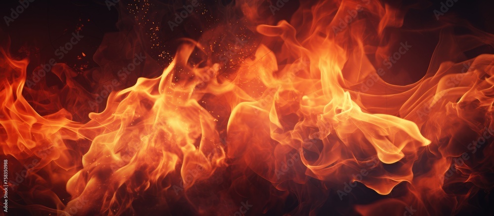 A closeup shot captures the intense heat and vibrant orange flames of a roaring fire against the black background, creating a mesmerizing artistic display of amber colors and dancing flames A closeup shot captures the intense heat and vibrant orange flames of a roaring fire against the black background, creating a mesmerizing artistic display of amber colors and dancing flames