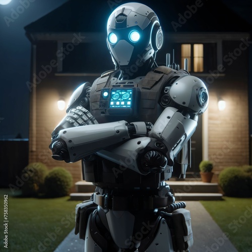 Futuristic humanoid android security robot standing on guard. General support robot guarding the house ready to sound the alarm or ward off dangers. Protecting residents at night. Generative AI