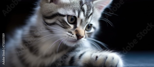 A closeup photo of a small Felidae carnivore, a kitten, gazing at the camera with its whiskers and fur visible, set against a black background